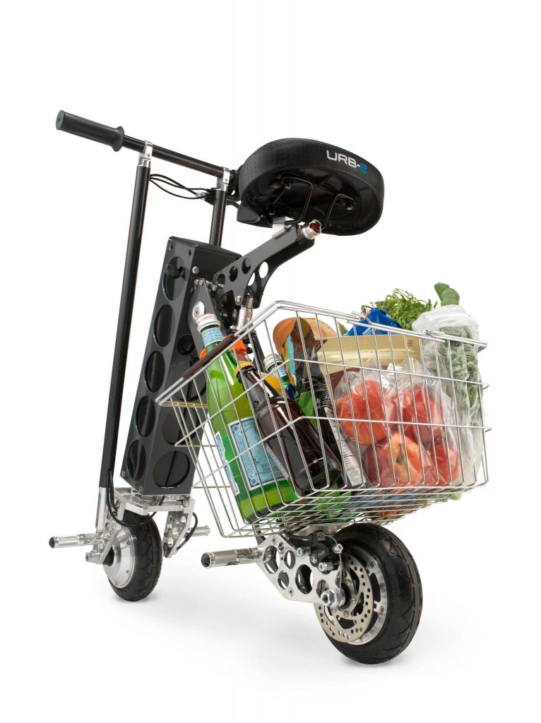 Seen here with a basket accessory, the URB-E is the perfect urban electric scooter.